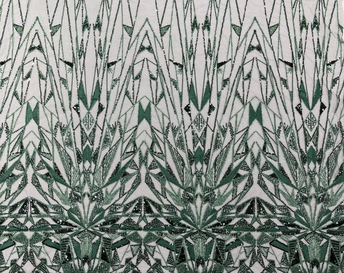 Hunter Green Beaded Fabric By Yard, Luxury Geometric Design Beads and Sequins, Beaded Fabric Embroidered on a Mesh Lace,Wedding,Bridal,Dress