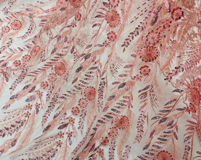 Rose Floral Design Beads and Sequins, Lace Beaded Sequin Floral & Leaves Embroidered on a Mesh Lace,Wedding,Bridal,Dress By The Yard