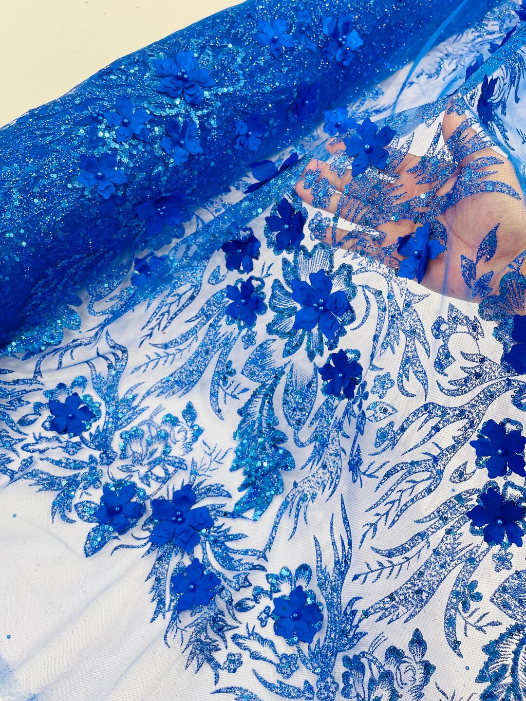 Royal Blue Glitter Floral Mesh, Glitter 3D Flower Sequin Fabric ...