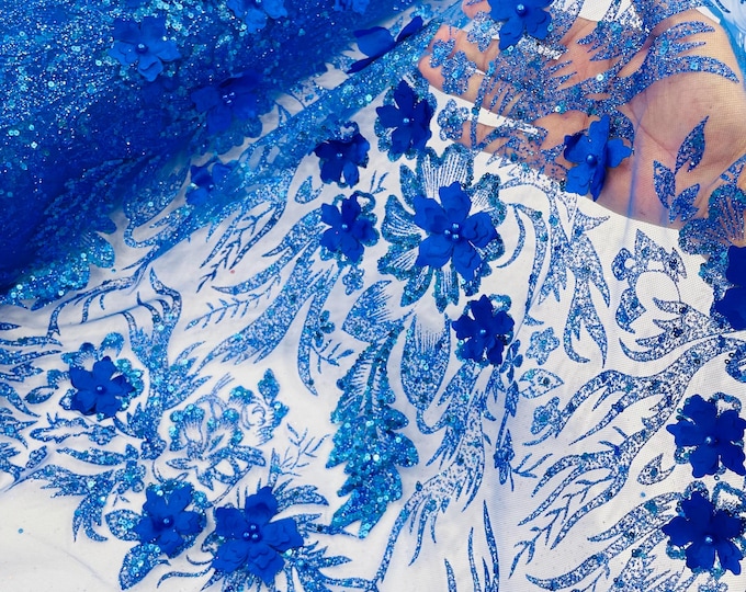 Royal Blue Glitter Floral Mesh, Glitter 3D Flower Sequin Fabric, Wedding Dresses & Quinseñera