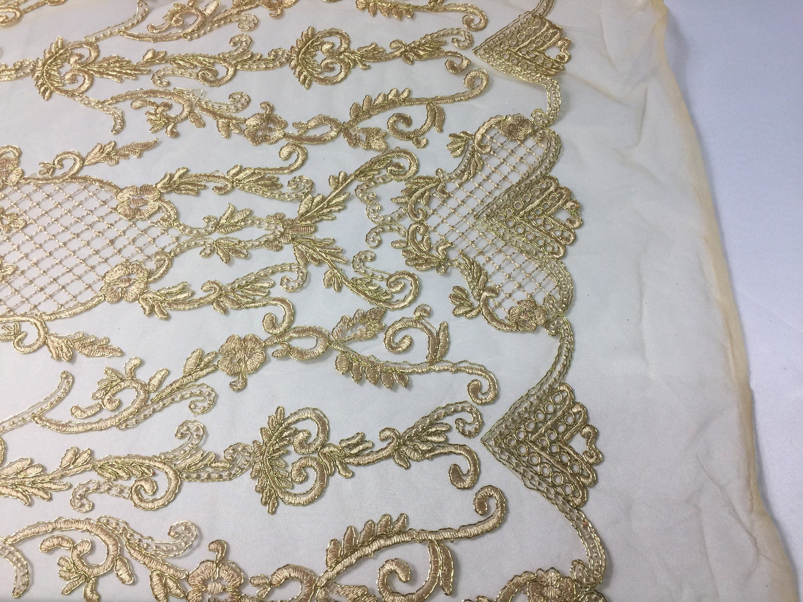 LT-GOLD METALLIC DAMASK LACE EMBROIDERY ON A TEXTURE MESH-BY YARD. main image 1