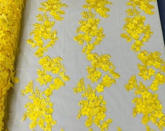 Yellow 3D Floral Lace Fabric with Pearls: Bridal Wedding Lace