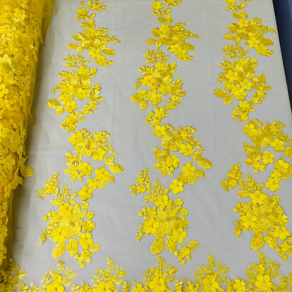 Mia Fabrics Inc, Yellow 3D Floral-Flower With Pearl, Bridal Lace 3D Flower Wedding Lace by the Yard (Pick a Size)