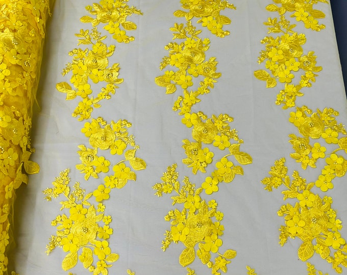 Mia Fabrics Inc, Yellow 3D Floral-Flower With Pearl, Bridal Lace 3D Flower Wedding Lace by the Yard (Pick a Size)