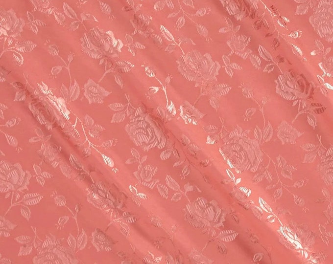 Coral Flower Brocade Jacquard Satin Fabric, Sold By The Yard Polyester Satin Floral Wide 58/60"  (Choose The Quantity)