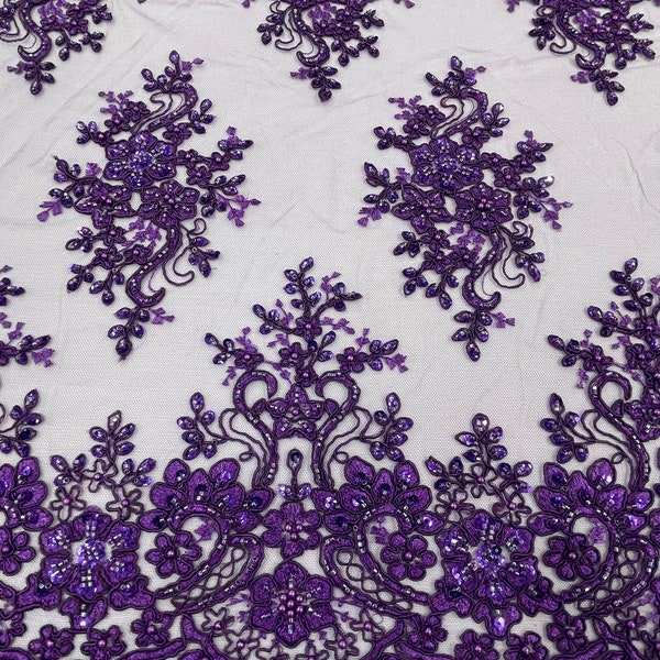 Isabela Desing | Purple Embroidery Beaded Fabric With Sequin on a Mesh, Beaded Fabric Floral Bridal Lace Fabric by the yard