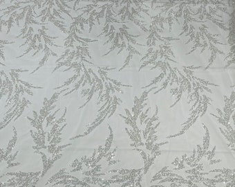 Embroidered Beaded Leaf Fabric: White Floral Bridal Mesh, By The Yard