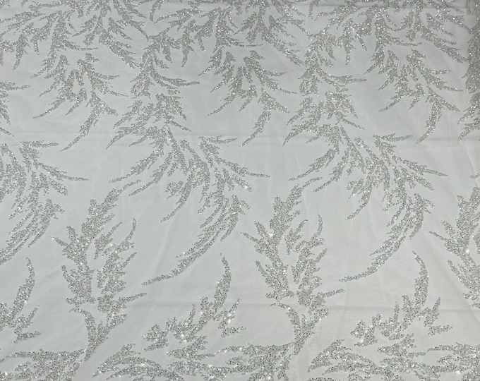 White Leaf Pattern Beaded Fabric by the yard (Pick a size ) Embroidered Floral Beaded Wedding Bridal Fabric
