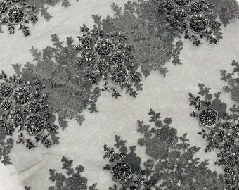 Black Floral Beaded Embroidery Fabric: Bridal Lace By The Yard