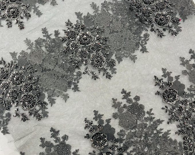 Black Embroidery Beaded Fabric With Sequin on a Mesh, JP Desing Beaded Fabric Floral Bridal Lace Fabric by the yard