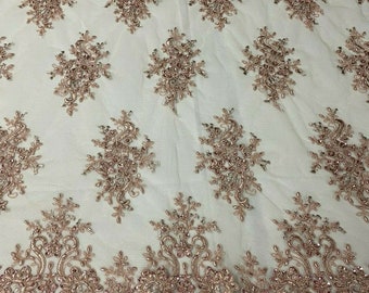 Blush Cluster Bead Fabric - Embroidered Flower Beaded Fabric Wedding Bridal Sold By Yard