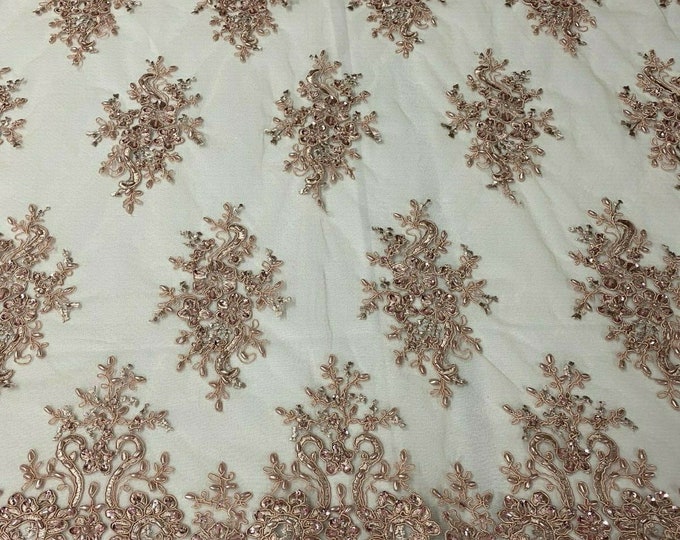 Blush Cluster Bead Fabric - Embroidered Flower Beaded Fabric Wedding Bridal Sold By Yard