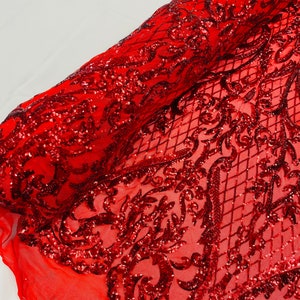 Red Sequins Fabric | 4 Way Stretch Mesh | Embroidered Damask Design With Sequin Lace Prom-Gown by the yard