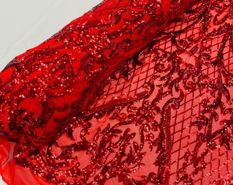 Red Sequins Fabric | 4 Way Stretch Mesh | Embroidered Damask Design With Sequin Lace Prom-Gown by the yard