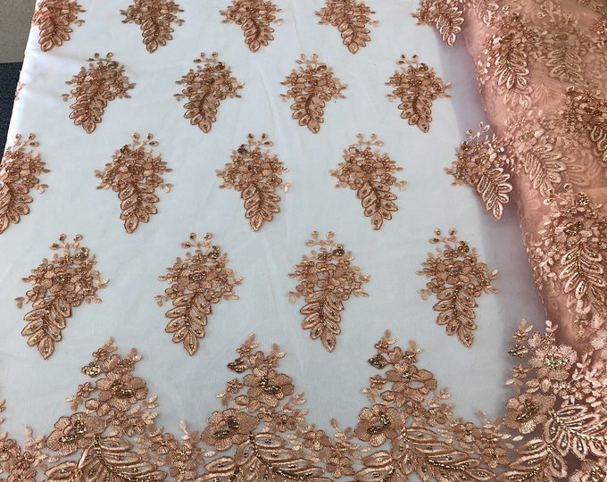 Peach Lace - Floral Lace Fabric, Embroidery With Sequins on a Mesh Lace Fabric By The Yard For Gown, Wedding-Bridal (Choose The Quantity)
