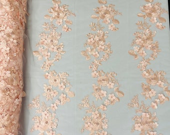 Mia Fabrics Inc, Blush Peach 3D Floral-Flower With Pearl, Bridal Lace 3D Flower Wedding Lace by the Yard (Pick a Size)