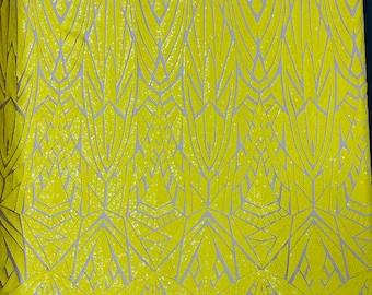 Yellow Sequin Fabric by the yard on Nude Mesh 4 Way Stretch - Geometric Design Embroidery With Sequins (Pick a Size)