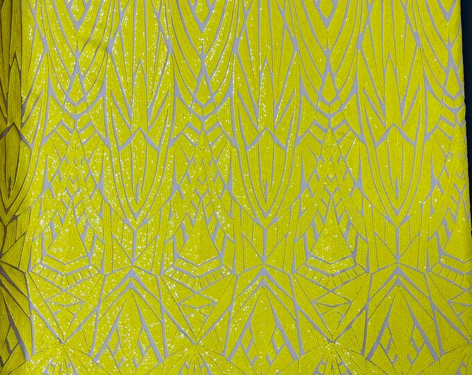 Yellow Sequin Fabric by the yard on Nude Mesh 4 Way Stretch - Geometric Design Embroidery With Sequins (Pick a Size)