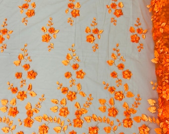 Orange 3D Floral Design Embroider and Beaded With Pearls On a Mesh Lace-Prom-Dress By The Yard