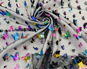 Rainbow Butterfly Lace Fabric: 3D Embroidered Tulle, Bridal Wedding Dress