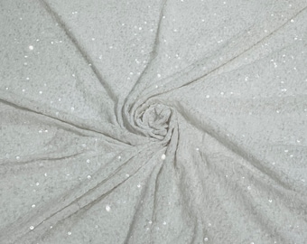 White Stretch Velvet Fabric: Clear 5mm Sequins, 2-Way Stretch