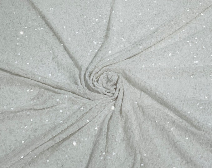 Clear Sequin Fabric on White Stretch Velvet - by the yard - all Over 5mm Sequins Velvet 2-way Stretch 58/60”