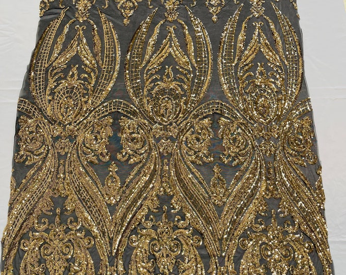 Gold Sequins Fabric on Black Mesh 4Way Stretch Fancy Big Damask Design Sequin on Spandex Mesh Prom Gala Gown Fabric By The Yard