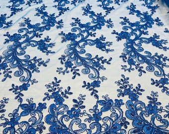 Royal Blue Floral Lace Fabric – Embroidered Sequins Mesh, Bridal Gown