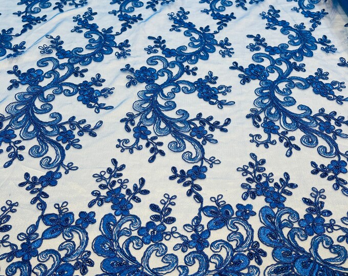 Royal Blue - Floral Lace Fabric, Embroidery With Sequins on a Mesh Lace Fabric By The Yard For Gown, Wedding-Bridal (Choose The Quantity)