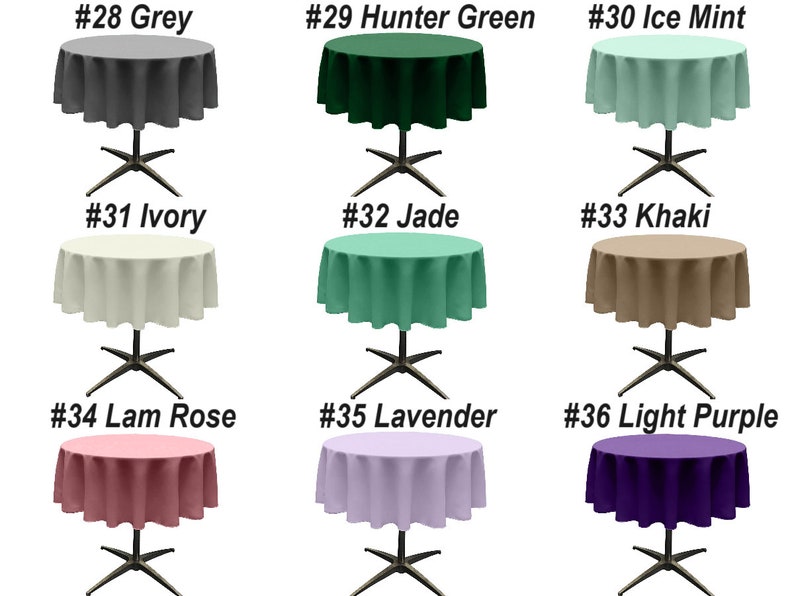 May include: Nine round tablecloths in various colors, including grey, hunter green, ice mint, ivory, jade, khaki, lam rose, lavender, and light purple. Each tablecloth is draped over a round table with a black, X-shaped base.