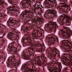 Burgundy Rosette Fabric 3D Floral Fabric By The Yard, Peony Bouquet Fabric on Mesh, 3D Rosette Satin Fabric Wedding Decor.