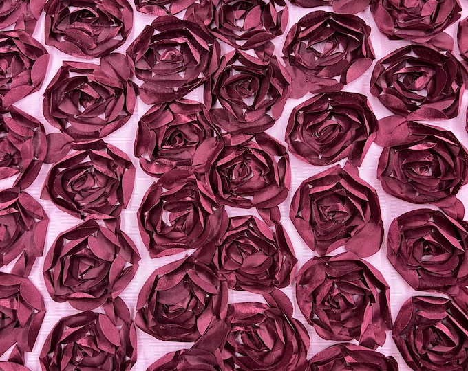 Burgundy Rosette Fabric 3D Floral Fabric By The Yard, Peony Bouquet Fabric on Mesh, 3D Rosette Satin Fabric Wedding Decor.