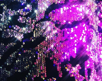 Iridescent Purple Sequin Black Stretch Velvet Fabric: 2-Way Stretch (58/60")