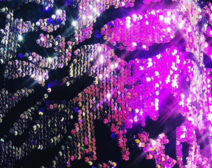 Iridescent Purple Sequin on Black Stretch Velvet With Luxury Reversible Sequins Shining Sequins 2-way Stretch 58/60” (Choose The Measure)