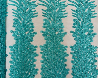 Mint Beaded Peacock Feather Lace Fabric: Embroidered Sequins, Prom Dress Panel