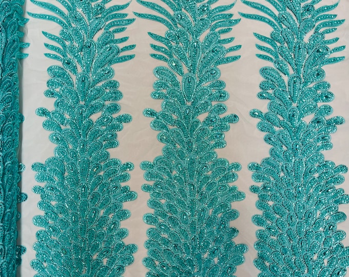 Mint Beaded Peacock Feathers - 3D Vegas Design with Embroidered Sequins and Beads On a Mesh Lace Fabric for Prom Dress ( By Panel )