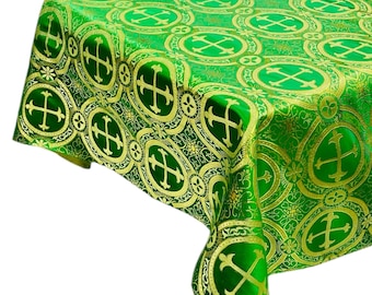 Green Gold Cross Brocade Tablecloth - Religious Liturgical Fabric