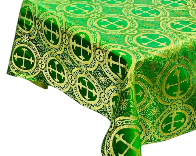 Green Gold Religious Brocade Tablecloth - Liturgical Fabric, Ecclesiastical Jacquard Tablecloth, Church Vestment, Cross Brocade Tablecloth