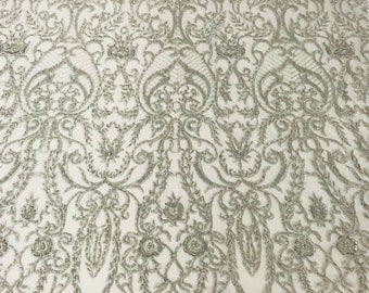 Silver Damask Beaded Fabric: Embroidered Floral Mesh, Bridal Wedding Gown Fabric