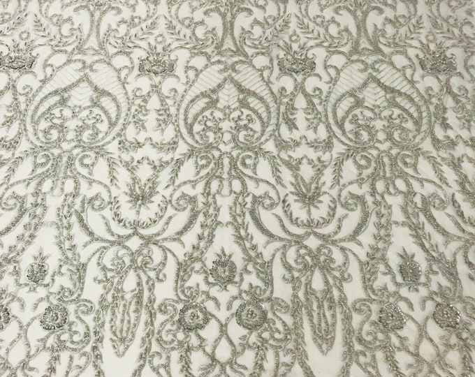 Glam Damask Beaded Fabric, Silver - Embroidered Fashion Fabric with Beads Wedding Bridal Sold By Yard