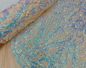 Aqua/Blue Iridescent Sequin Fabric | Nude Mesh 4 Way Stretch Mesh | Embroidered Damask Design With Sequin Lace Prom-Gown by the yard