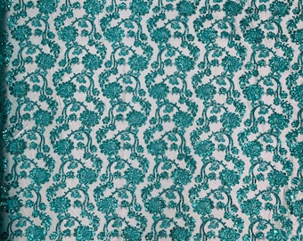Teal Flowers With Sequins Corded Lace On Mesh Fabric By The Yard Used For -Dress-Bridal-Fashion