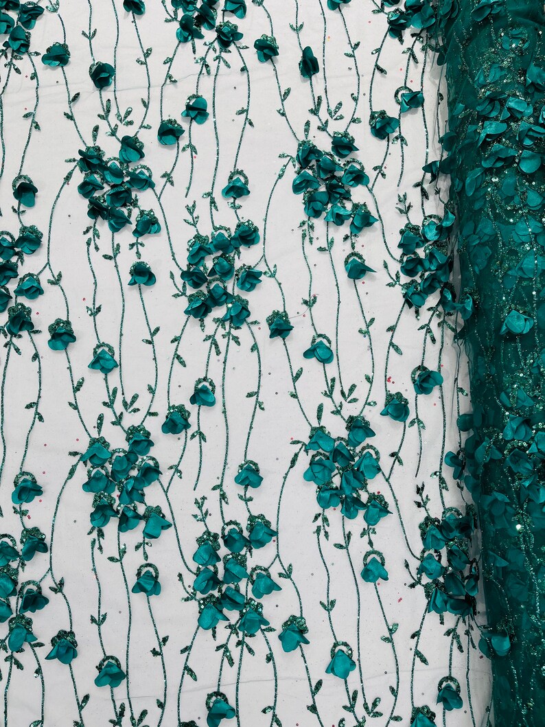 Hunter Green Glitter Tulle Fabric: 3D Flower Sequin Lace, by the Yard ...