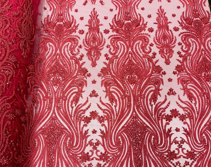 Coral Floral Design - by the yard - Beaded Fabric, Embroidered With Pearls and Beads on Mesh Lace Fabric