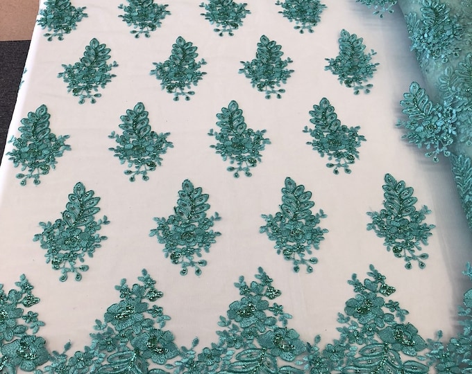 Aqua Lace Floral Lace Fabric, Embroidery With Sequins on a Mesh Lace Fabric By The Yard For Gown, Wedding-Bridal (Choose The Quantity)