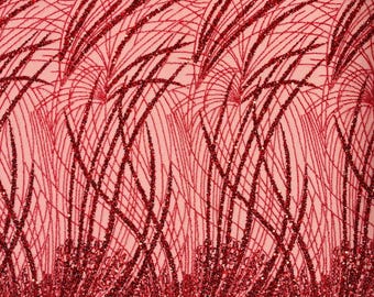 Red Beaded Fabric Sold By The Yard, Fashion Design Beads and Sequins, Beaded Fabric Embroidered on a Mesh Lace,Wedding,Bridal,Dress