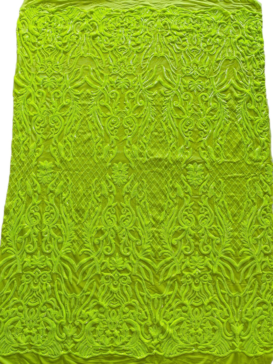 Lime Green Sequin Fabric, Geometric Damask Design Embroidered With
