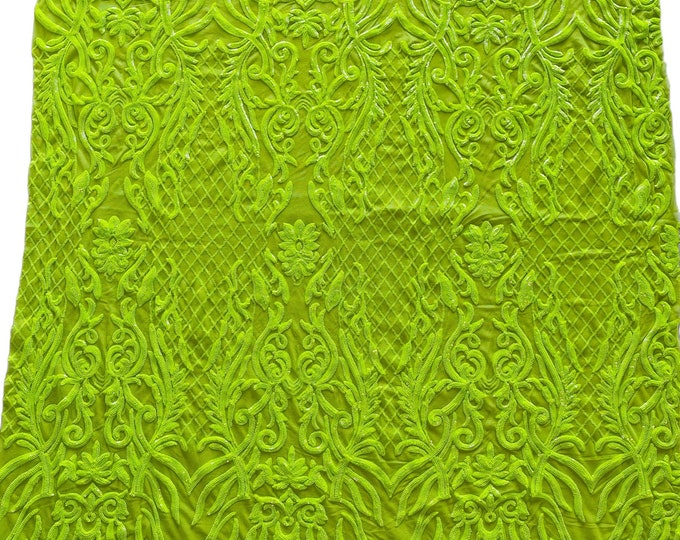 Lime Green Sequin Fabric, Geometric Damask Design Embroidered With Sequin on a 4 Way Stretch Sequin Fabric Mesh-Prom-Gown By The Yard