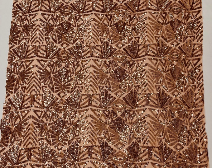 Coffee - 4 Way Stretch Geometric Sequins Emily Design Shiny Fabric on Mesh for Prom Gala Gown By The Yard