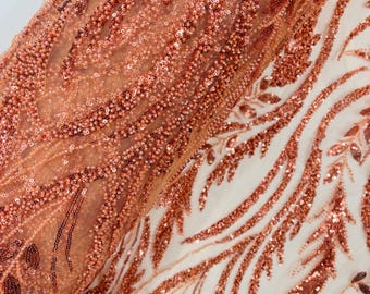 Lt Orange Beaded Lace Fabric: Embroidered Leaf Pattern, Bridal Wedding Fabric